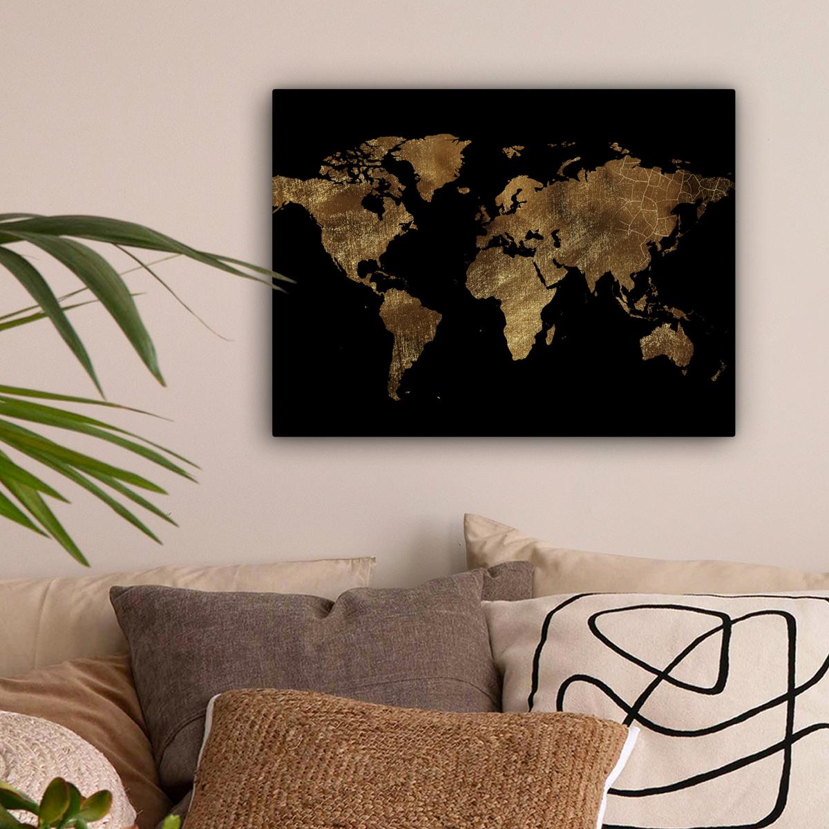 LEINWANDBILD Weltkarte - Gold - Luxus - Erde - Schwarz Wandbild 40x30 cm - Goldfarben, Textil (40/30cm) - MuchoWow