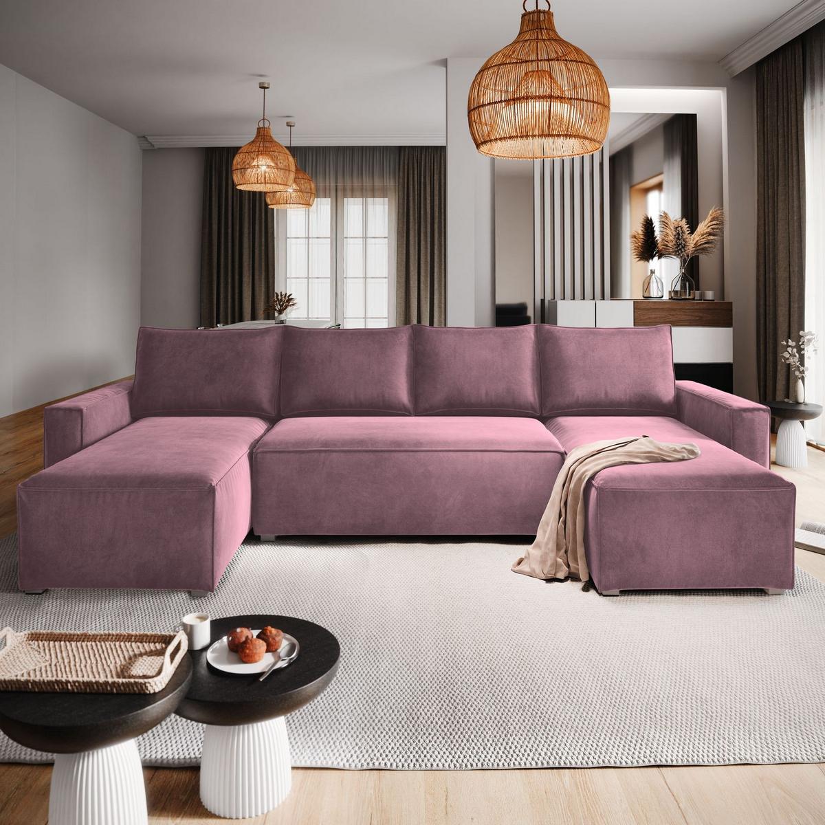 WOHNLANDSCHAFT DENI Lila Velours-Stoff mit Schlaffunktion - Lila/Grau, Holz/Kunststoff (295/85/140cm) - MASSENO