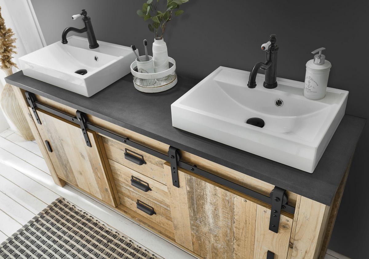 DOPPELWASCHTISCH Used Wood hell, anthrazit, Waschtisch Komplett-Set inkl. 2x Waschbecken, 164 cm - Eichefarben/Anthrazit, Holz/Holzwerkstoff (164/81/43cm) - Furn.Design