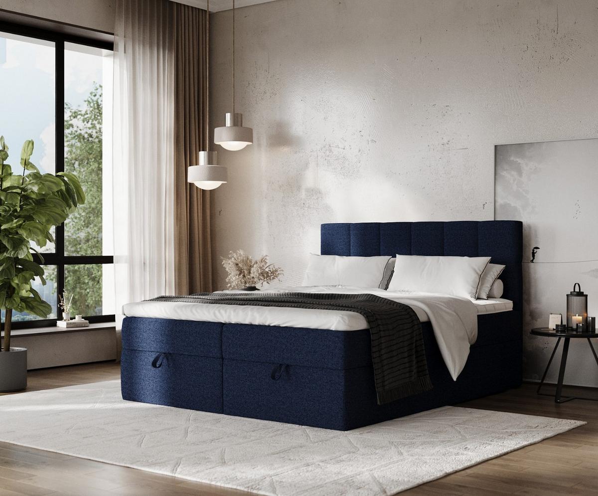 BOXBETT Savio 180/200 cm Marineblau im Riva Stoff - Schwarz/Dunkelblau, Holz/Holzwerkstoff (180/200cm) - AltaBeds