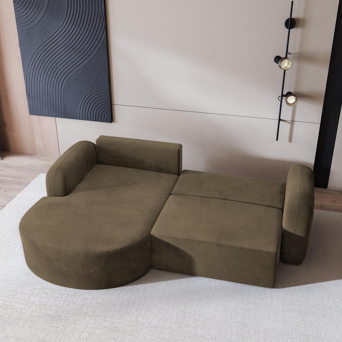 ECKSOFA AMILIA M L-S Beige Velours-Stoff mit Schlaffunktion - Beige, Holz (263/174cm) - MASSENO