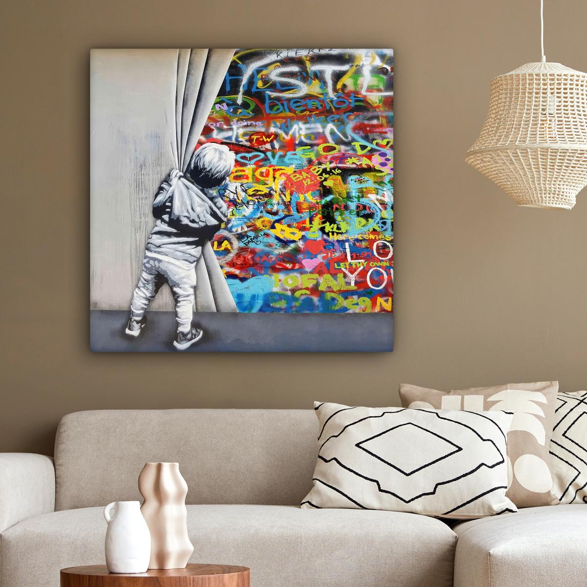 LEINWANDBILD Graffiti - Junge - Ilussie - Straßenkunst Deko Groß 90x90 cm - Hellgrau, Textil (90/90cm) - MuchoWow