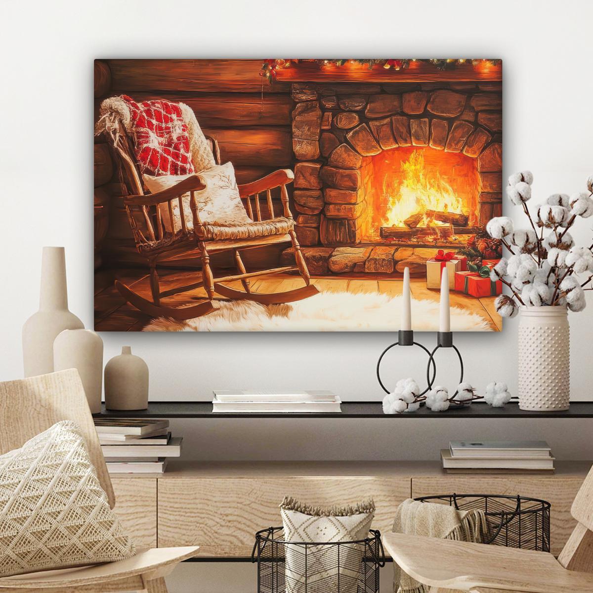 LEINWANDBILD Winter - Weihnachten - Zuhause - Kamin Wanddeko 90x60 cm - Bernsteinfarben, Textil (90/60cm) - MuchoWow