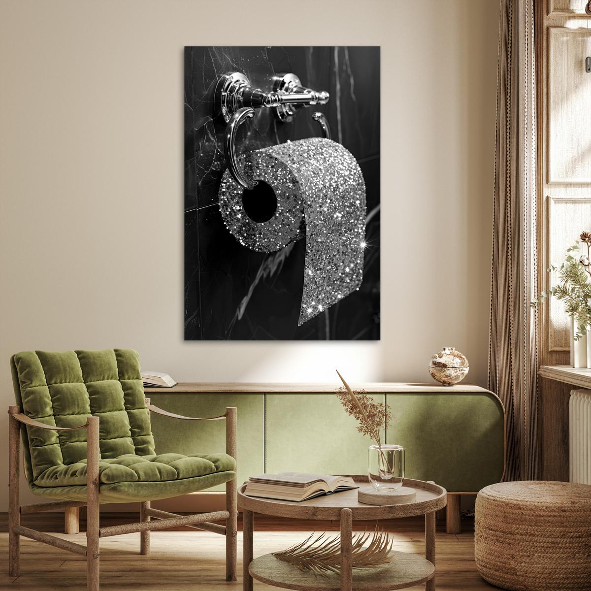 POSTER WC - Toilettenpapier - Schwarz und weiß - Glitter Wandbild Schlafzimmer 80x120 cm - Silberfarben, Papier (80/120/0.1cm) - MuchoWow