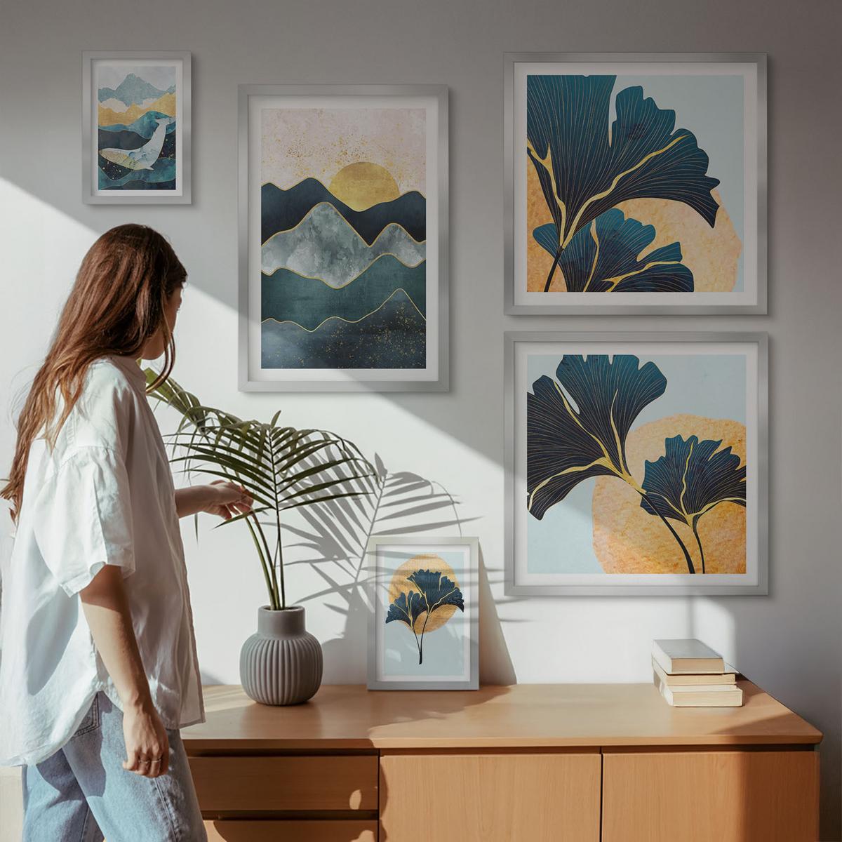 BILDER SET 5er Set - 50x50 cm & 20x30 cm & 40x60 cm Silberner Rahmen - Fruchtige Muster italienischer Wein - Silberfarben, Kunststoff (40/60cm) - TULUP