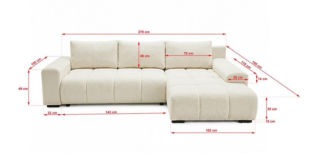 ECKSOFA Ovia mit Bettkasten und Schlaffunktion, Bouclé-Stoff in L-Form - Beige, Textil (270/185cm)