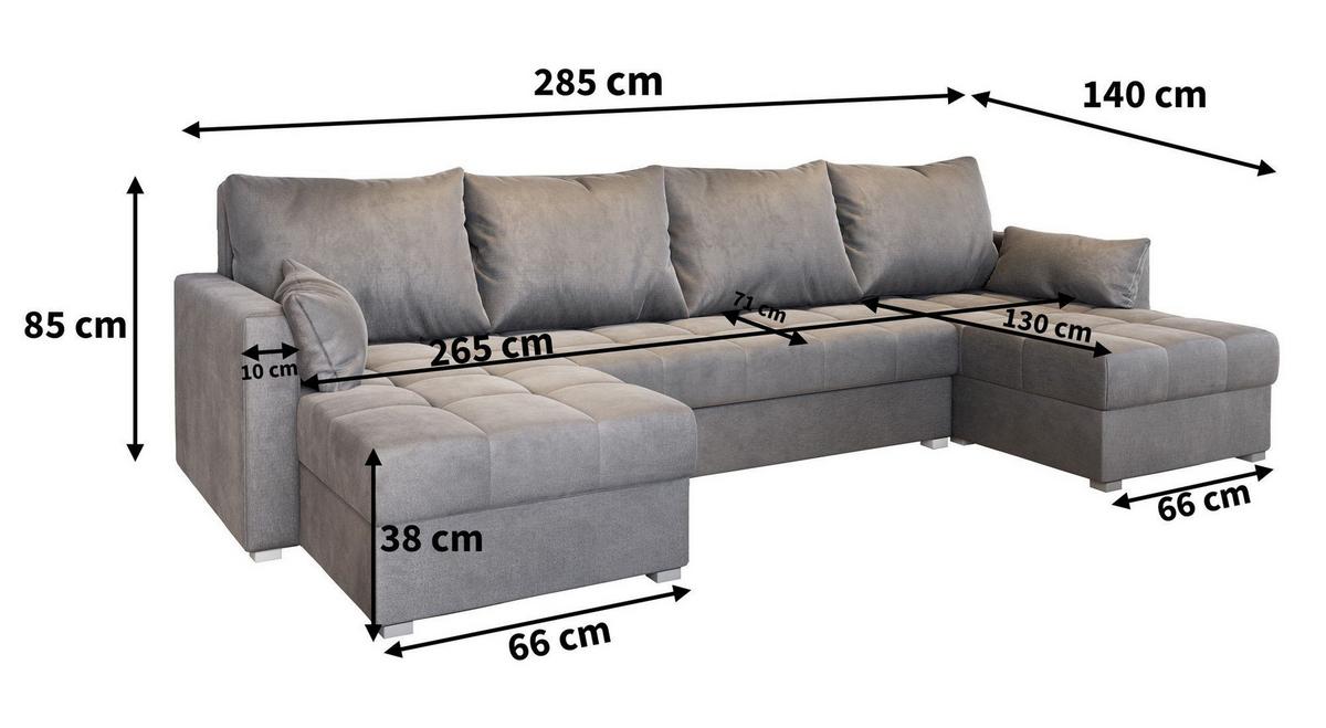 WOHNLANDSCHAFT NAKO M Hellgrau Velours-Stoff mit Schlaffunktion - Hellgrau/Grau, Holz/Kunststoff (285/85/140cm) - MASSENO