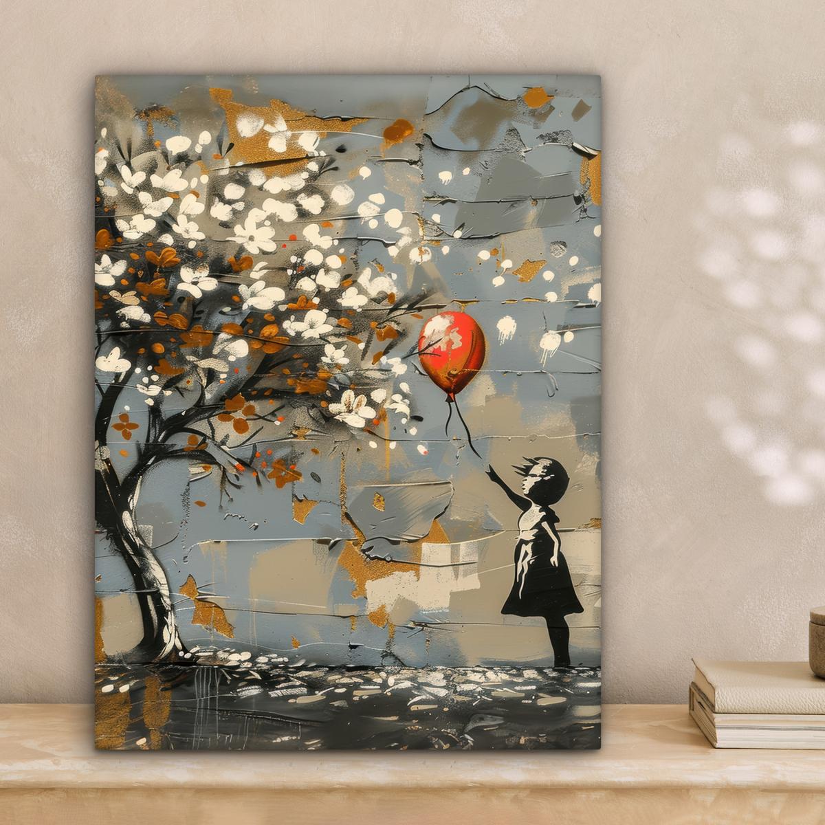 LEINWANDBILD Baum - Graffiti - Banksy-Stil - Ballon-Mädchen Room Decor 30x40 cm - Blaugrau, Textil (30/40cm) - MuchoWow