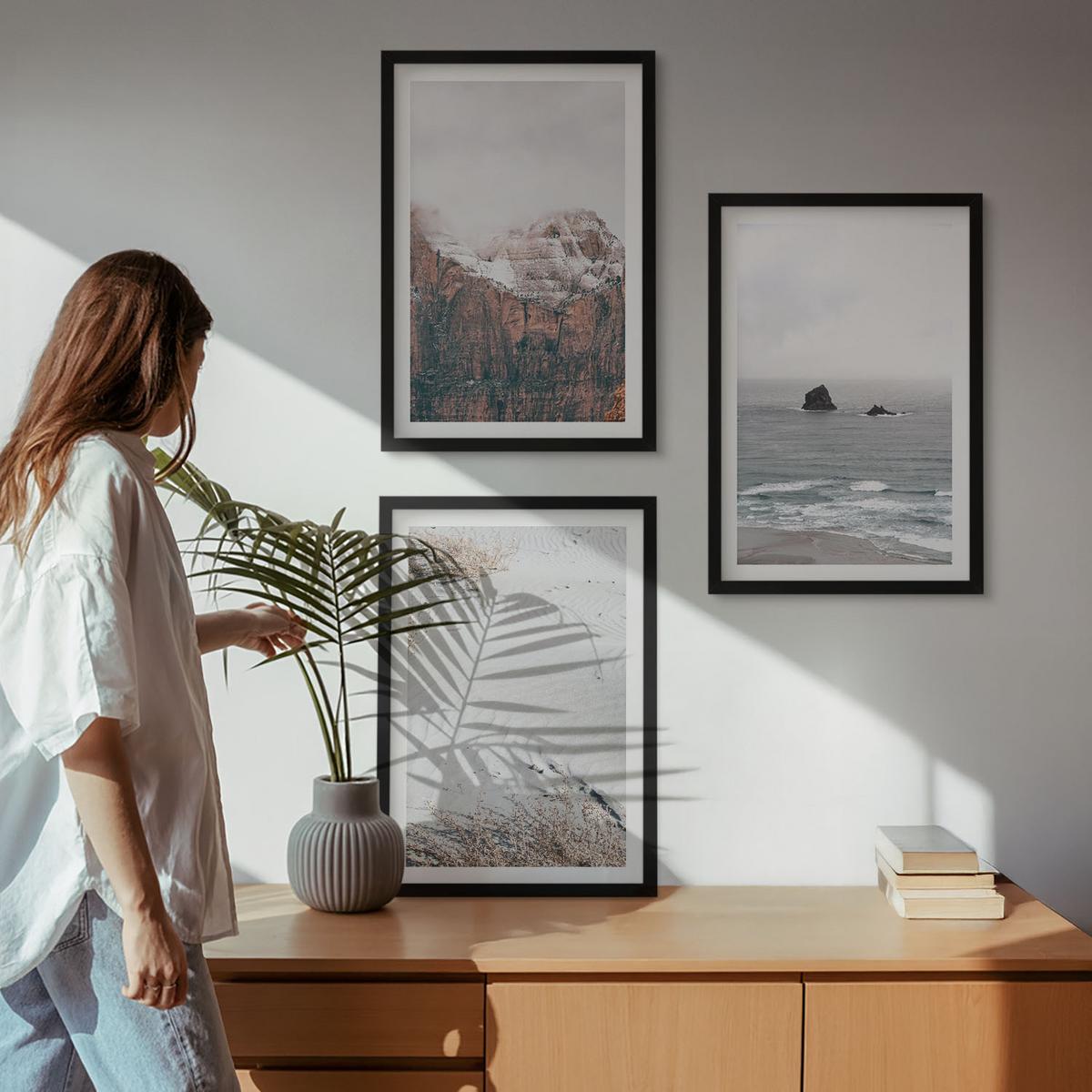 BILDER SET 3er Set - 40x60 cm Schwarzer Rahmen - Berge, Wolken, Meer, Sand, Natur - Schwarz, Kunststoff (40/60cm) - TULUP