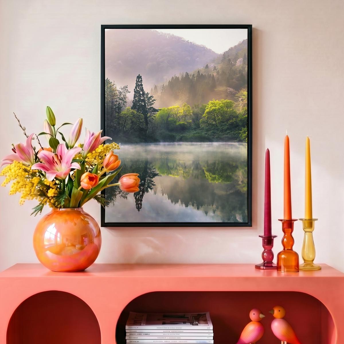 LEINWAND Bilder mit Rahmen - Natur - Bäume - Berge - See - Wasser - 30x40 - Hellgrün, Textil (30/40cm) - MuchoWow