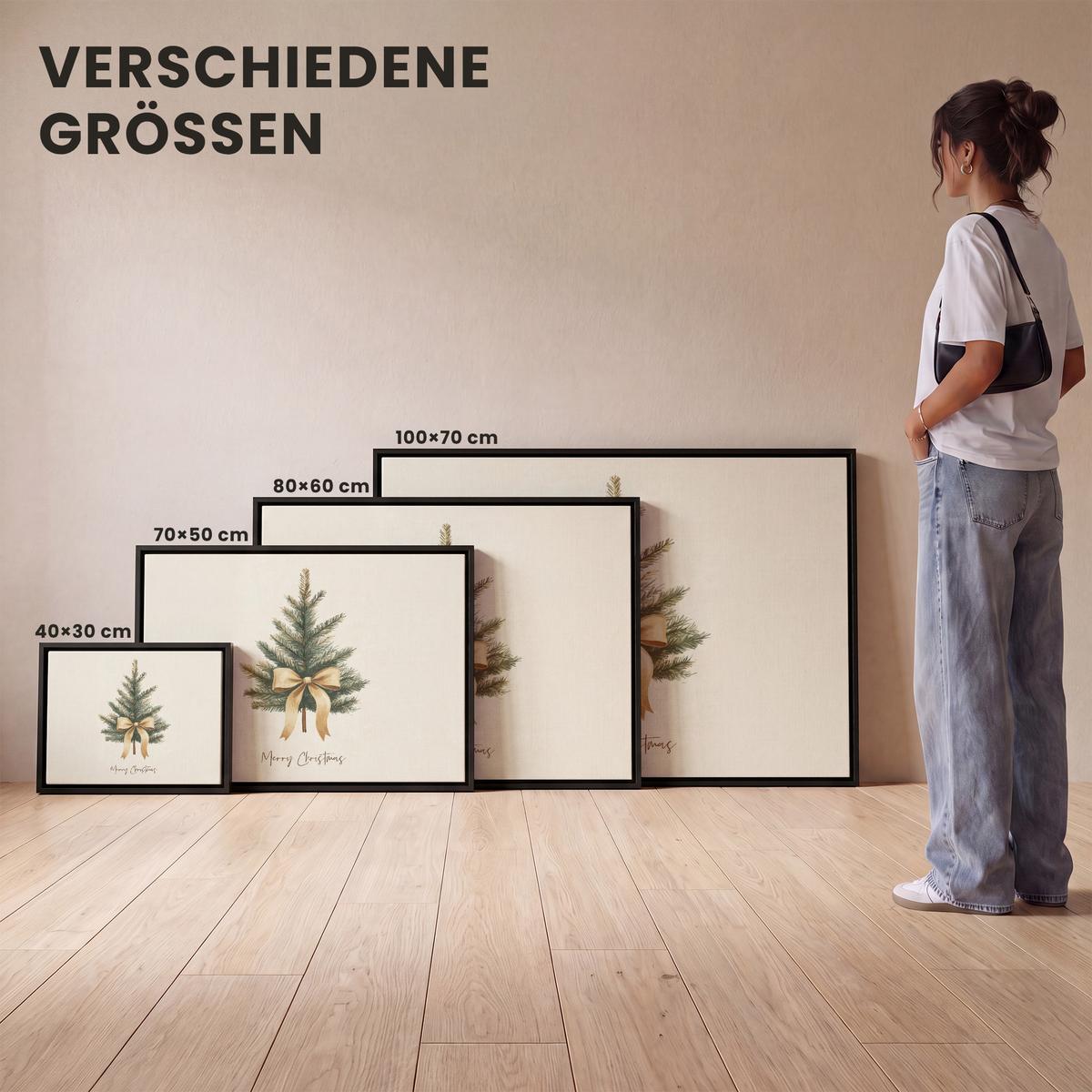 LEINWAND Bilder mit Rahmen - Weihnachtsbaum - Weihnachten - Frohe Weihnachten - Beige - 70x50 - Sandfarben, Textil (70/50cm) - MuchoWow