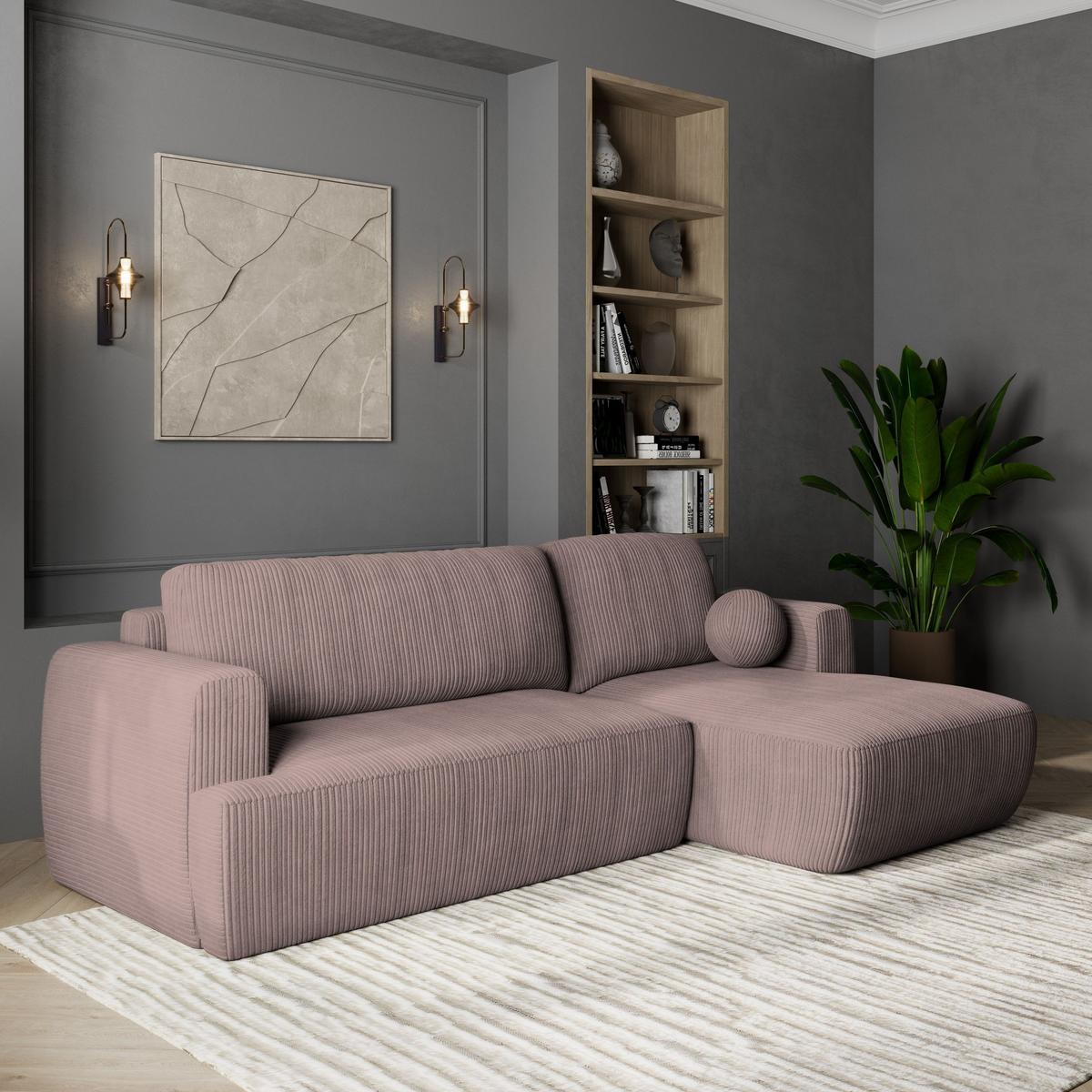 ECKSOFA SENTI P R-S Lila Kordstoff mit Schlaffunktion - Lila/Schwarz, Holz/Kunststoff (246/148cm) - MASSENO
