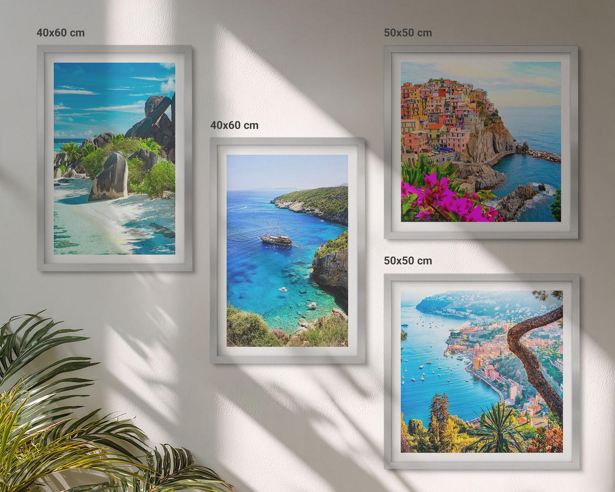 BILDER SET 4er Set - 50x50 cm & 40x60 cm Silberner Rahmen - Palmen am Meer, blaues Wasser - Silberfarben, Kunststoff (50/50cm) - TULUP