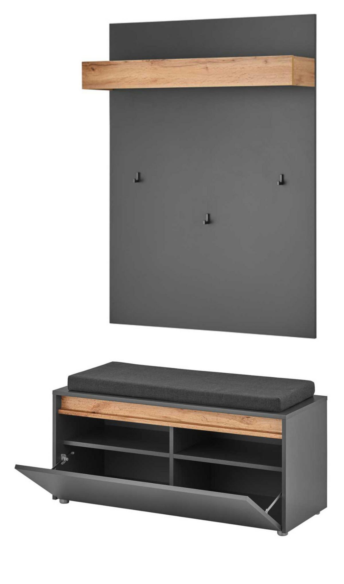 GARDEROBEN-SET 3-teilig grau matt, Eiche Wotan 100 cm, Flurgarderobe inklusive Sitzkissen - Eiche Wotan/Silberfarben, Holzwerkstoff/Kunststoff (100/200/40cm) - Furn.Design