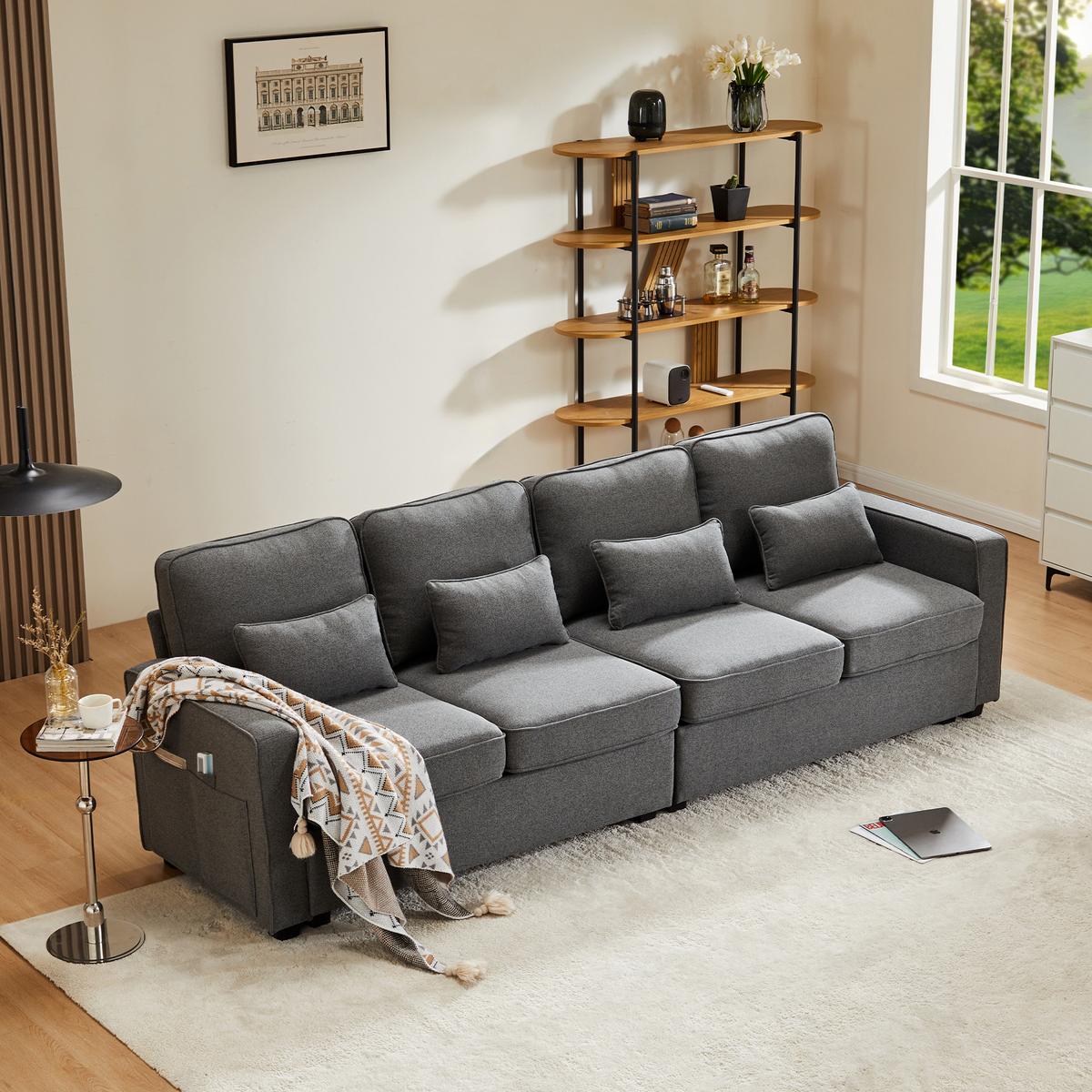 4-SITZER-SOFA Mit Leinenarmlehnen Und 4 Kissen Grau 264/83/87 cm - Grau, Holzwerkstoff/Metall (83/87/264cm) - Urban Meuble