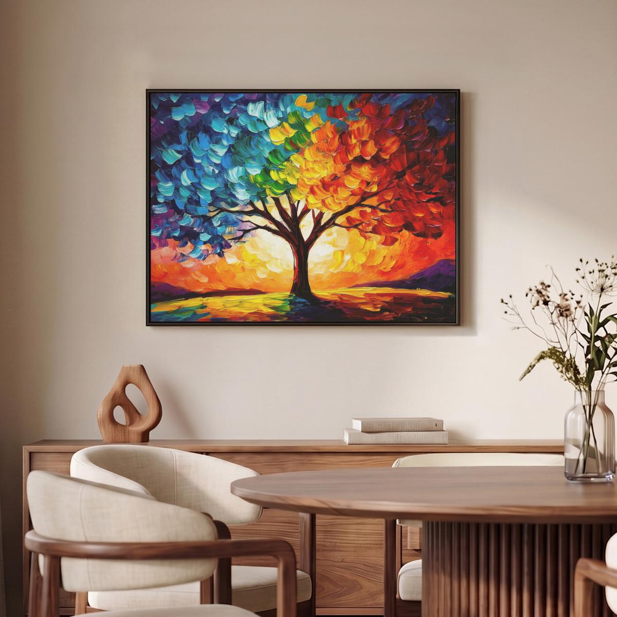 LEINWAND Bilder mit Rahmen - Baum - Kunst - Natur - Sonnenuntergang - 70x50 - Multicolor, Textil (70/50cm) - MuchoWow