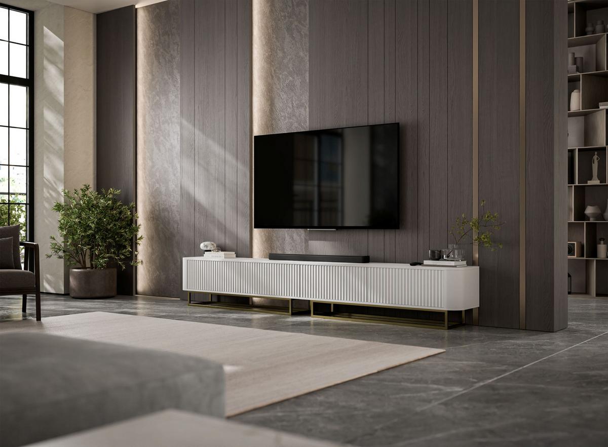 TV-LOWBOARD 2er-Set Aurora Weiß matt 280 cm mit Metallrahmen - Goldfarben/Weiß, Holzwerkstoff/Metall (280/44/35cm) - Meble Lindner