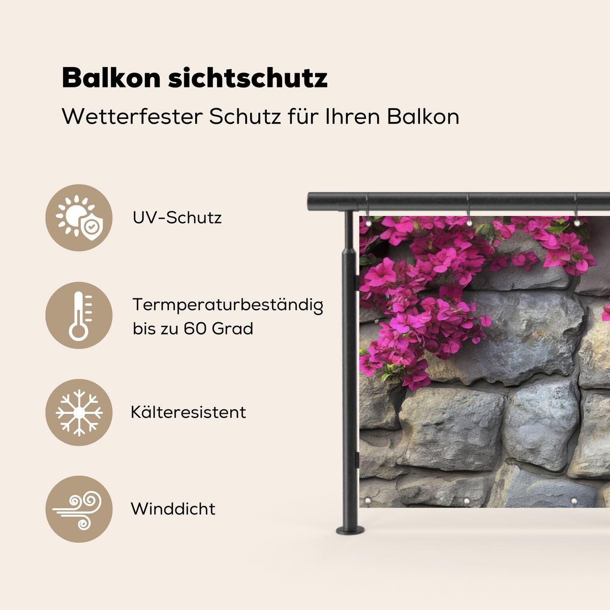 BALKON-SICHTSCHUTZ Bougainvillea - Steinmauer - Rosa Balkon Deko 300x120 cm - Magenta, Kunststoff (300/120cm) - MuchoWow