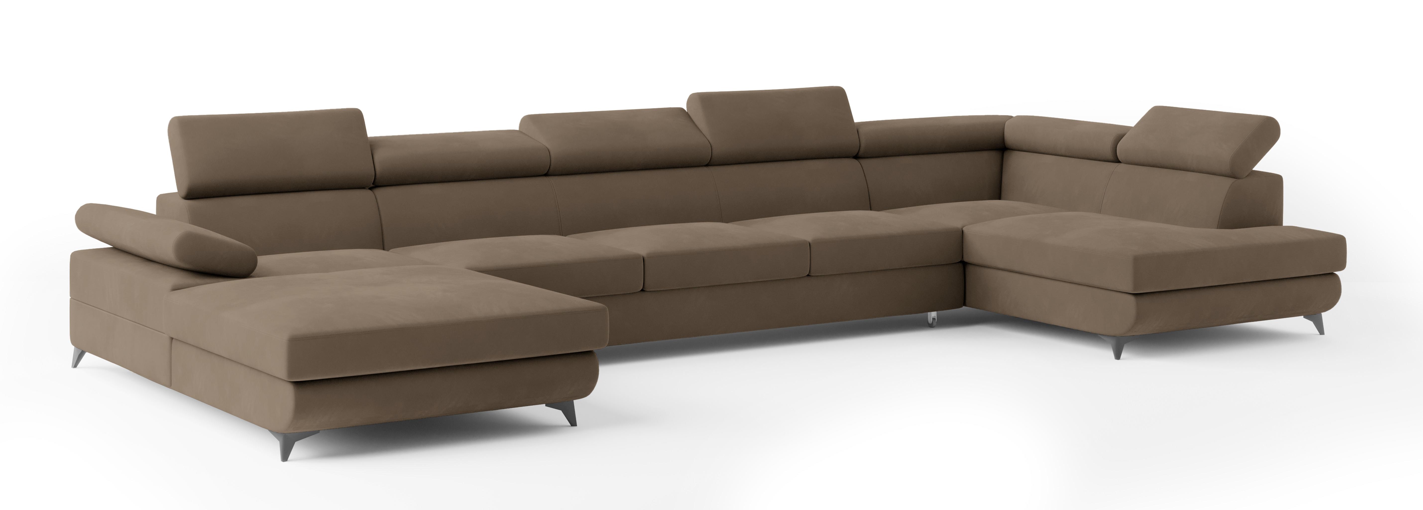WOHNLANDSCHAFT MONTIVA Beige Velours-Stoff mit Schlaffunktion - Beige, Holz (410/89/190cm) - MASSENO