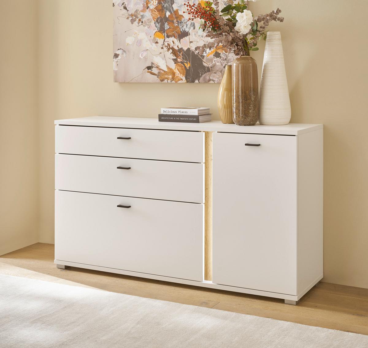 SIDEBOARD weiß matt, Eiche Wotan 150 cm, Kommode inklusive Frontbeleuchtung - Eiche Wotan/Silberfarben, Holzwerkstoff/Kunststoff (150/86/42cm) - Furn.Design