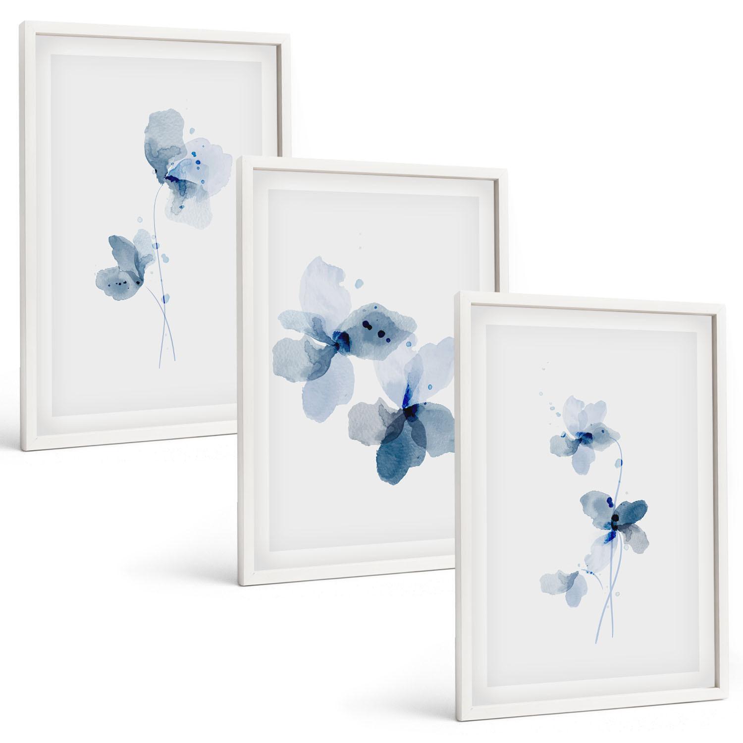 BILDER SET 3er Set - 40x60 cm Weißer Rahmen - Blaue Blumen - Weiß, Kunststoff (40/60cm) - TULUP