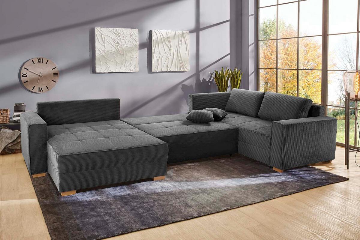 WOHNLANDSCHAFT Schlaffunktion Bettkasten Wellenunterfederung, spiegelverkehrt montierbar U-Form B379/T227/H86 cm, Cord Dunkelgrau / 15198 - Dunkelgrau/Eichefarben, Holz/Textil (379/86/227cm) - luma-home