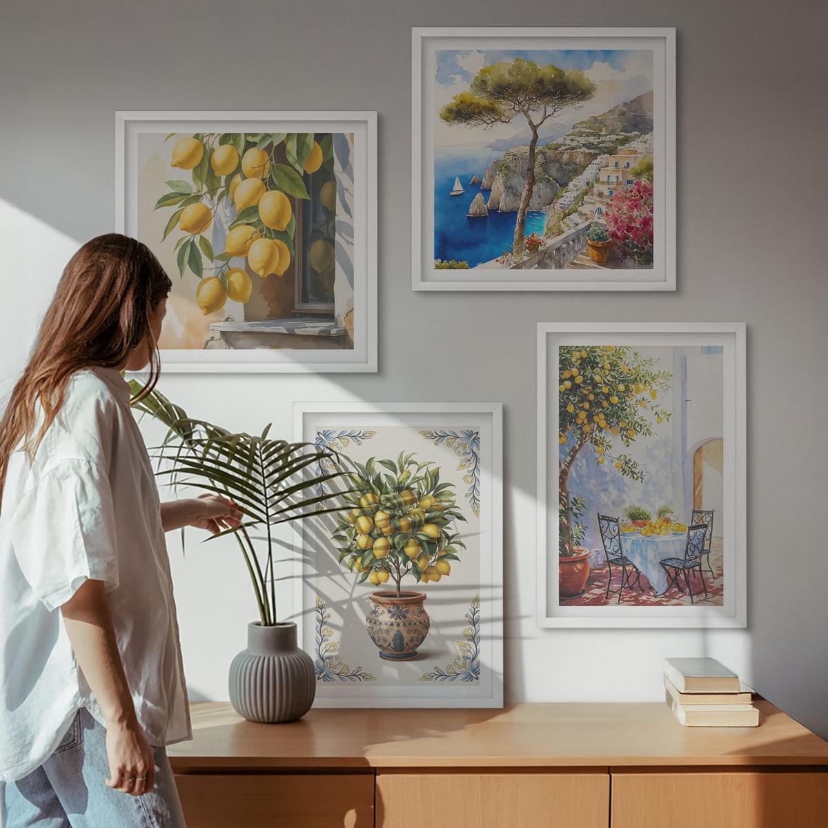 BILDER SET 4er Set - 50x50 cm & 40x60 cm Weißer Rahmen - Zitronenbäume in der Sonne - Weiß, Kunststoff (50/50cm) - TULUP
