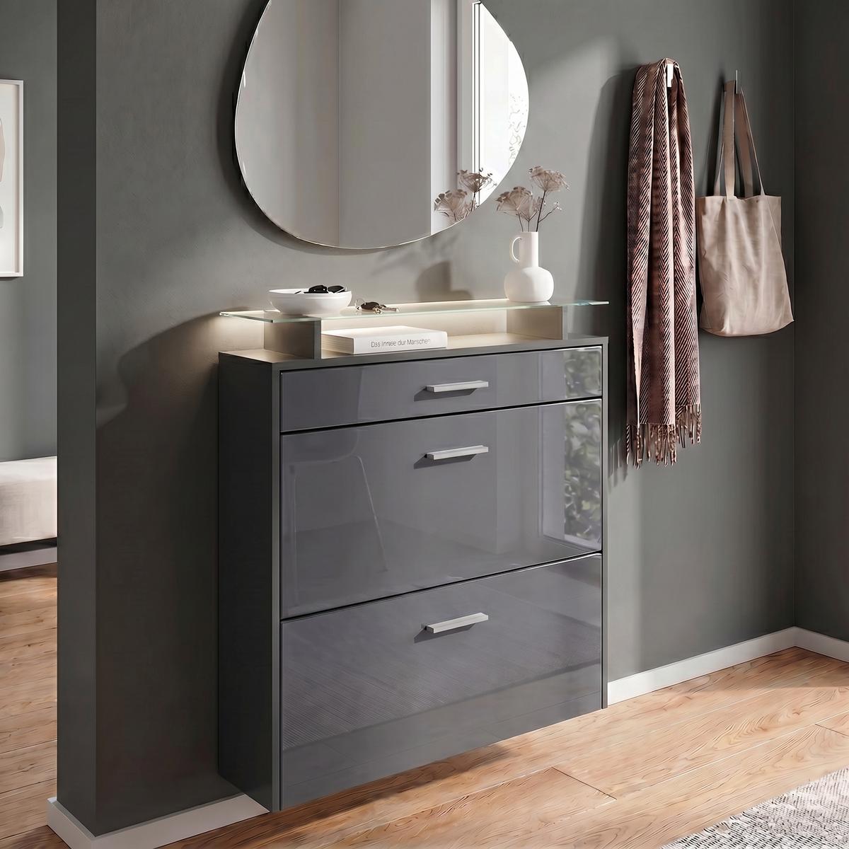 SCHUHSCHRANK Malea Fronten in Grau Hochglanz - Grau, Holzwerkstoff (89/96/23cm) - Vladon