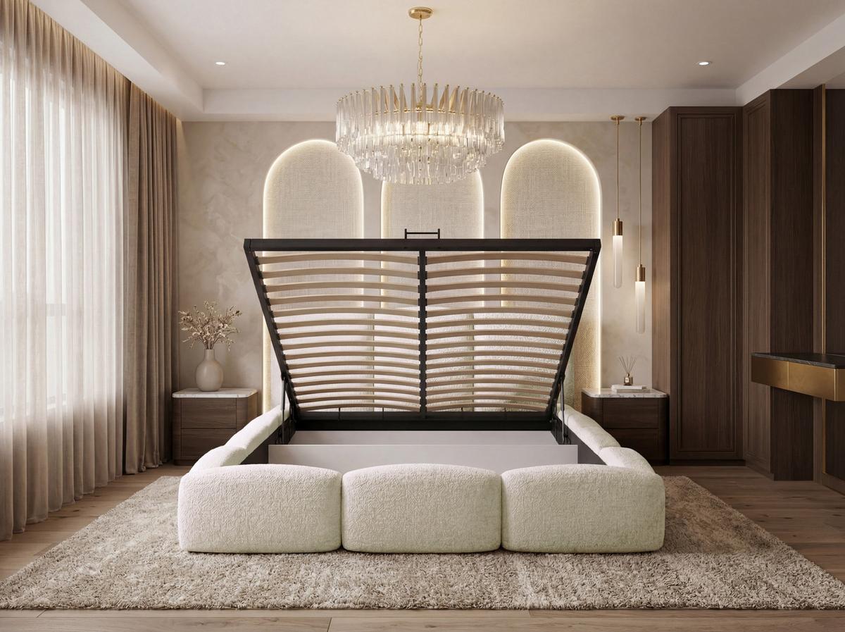 POLSTERBETT Harmony mit Bettkasten, Creme Boucle 200x200 cm - Birkefarben/Schwarz, Holzwerkstoff/Kunststoff (200/200cm) - WFL GROUP
