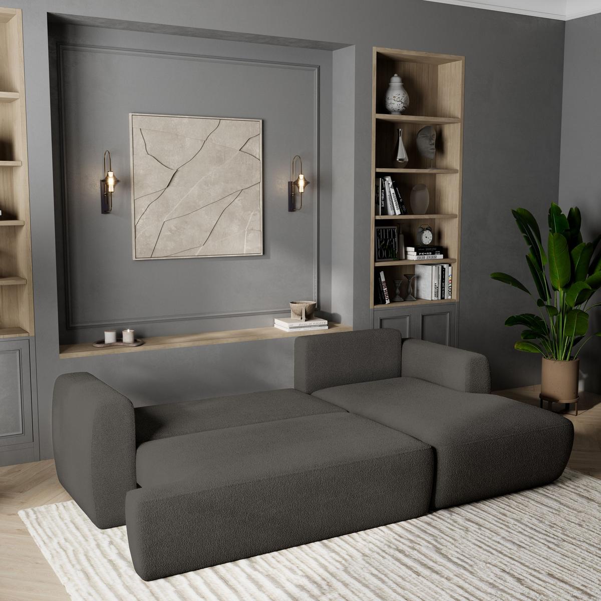 ECKSOFA SENTI N R-S Grau Boucle-Stoff mit Schlaffunktion - Schwarz/Grau, Holz/Kunststoff (246/148cm) - MASSENO