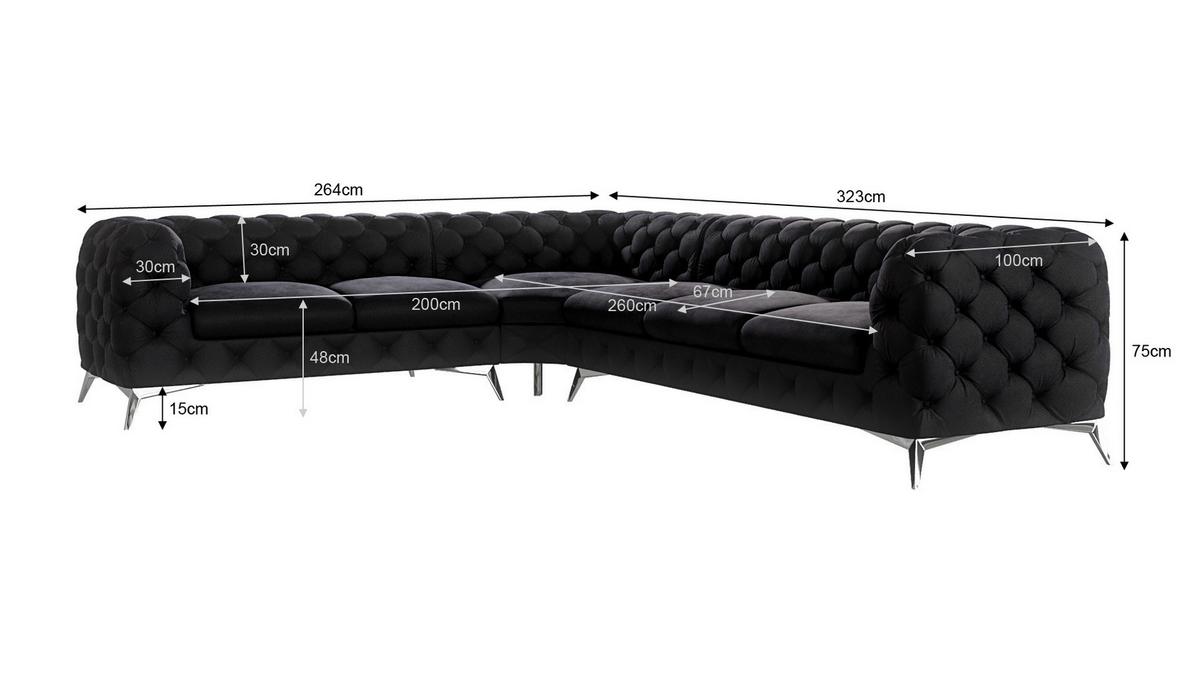 ECKSOFA Chesterfield Laura Schwarz Samt - Silberfarben/Schwarz, Holz/Textil (323/264cm) - S-Style Möbel