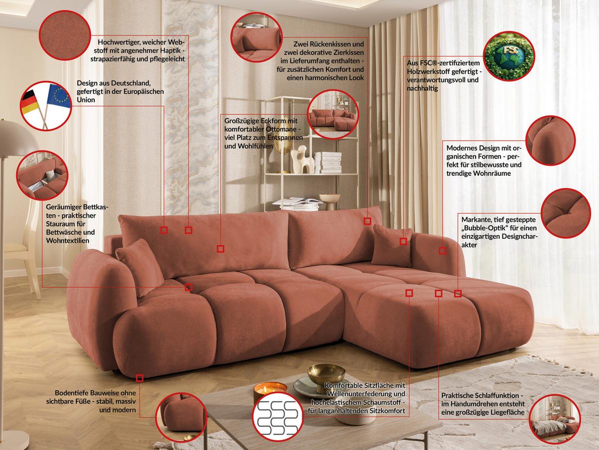 ECKSOFA Loretto aus natürlichem Terrakotta Webstoff mit Schlaffunktion, Bettkasten und tiefen Steppungen in Bubble-Optik - Terracotta/Schwarz, Holz/Kunststoff (275/180cm) - S-Style