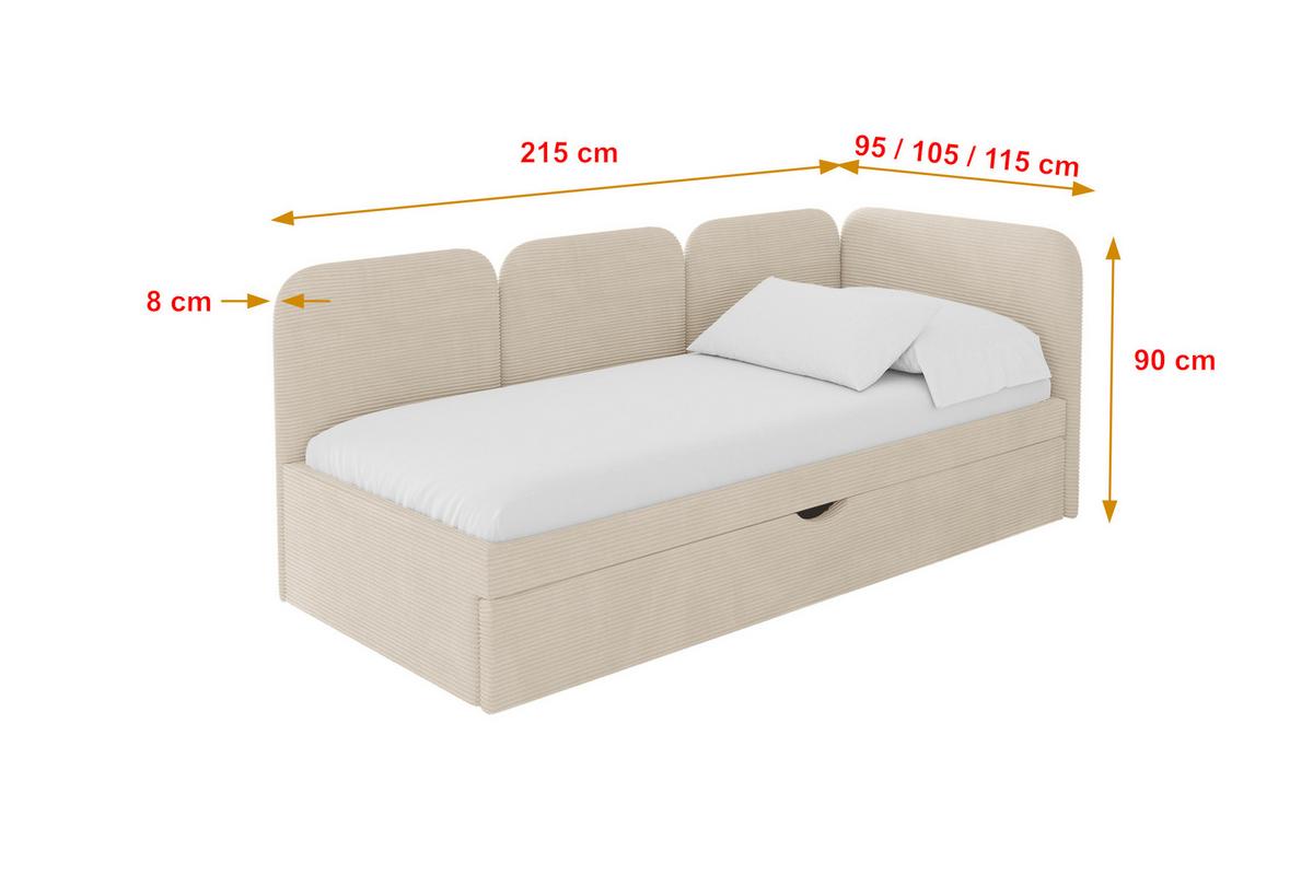 EINZELLBETT Jugendbett mit Bettkasten und Matratze H3/H4, Links - ALVY 90x200 Beige - Creme, Holzwerkstoff/Textil (90/200cm) - ALTDECOR