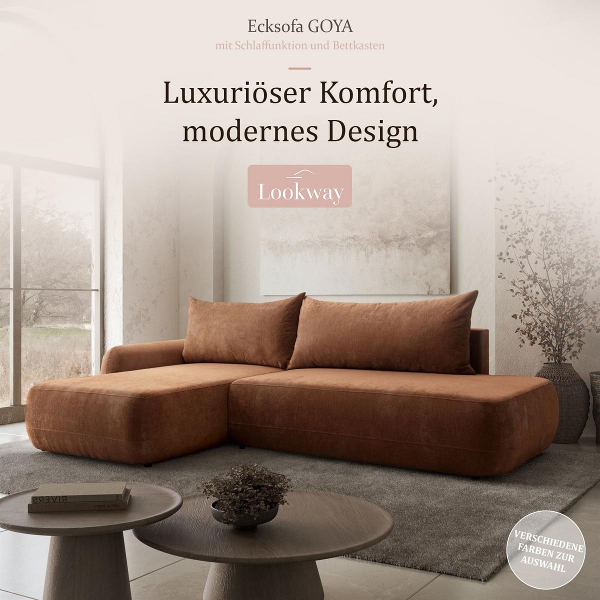 ECKSOFA GOYA mit Schlaffunktion und Bettkasten, Linke, Perfect Harmony 52 - Rotbraun, Textil (184/302cm) - Lookway