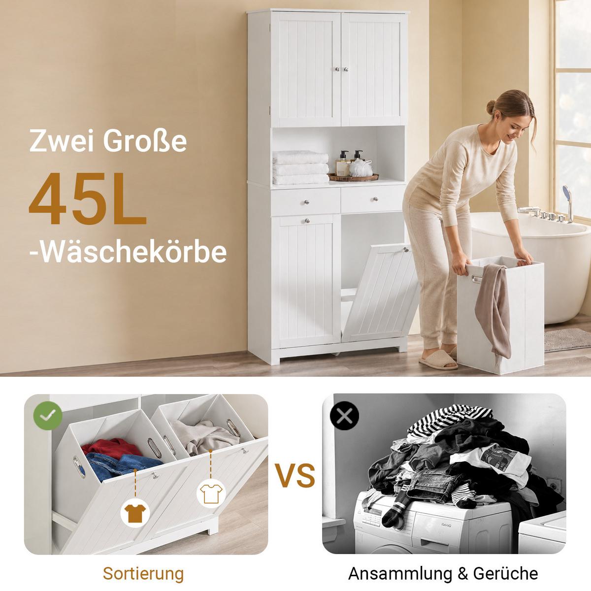 BADEZIMMERSCHRANK schmal, 78 x 181 x 38 cm, mit 2 Wäschekörben, 2 Schubladen und offenem Regal, weiß - Weiß, Holzwerkstoff (78/181/38cm) - SoBuy