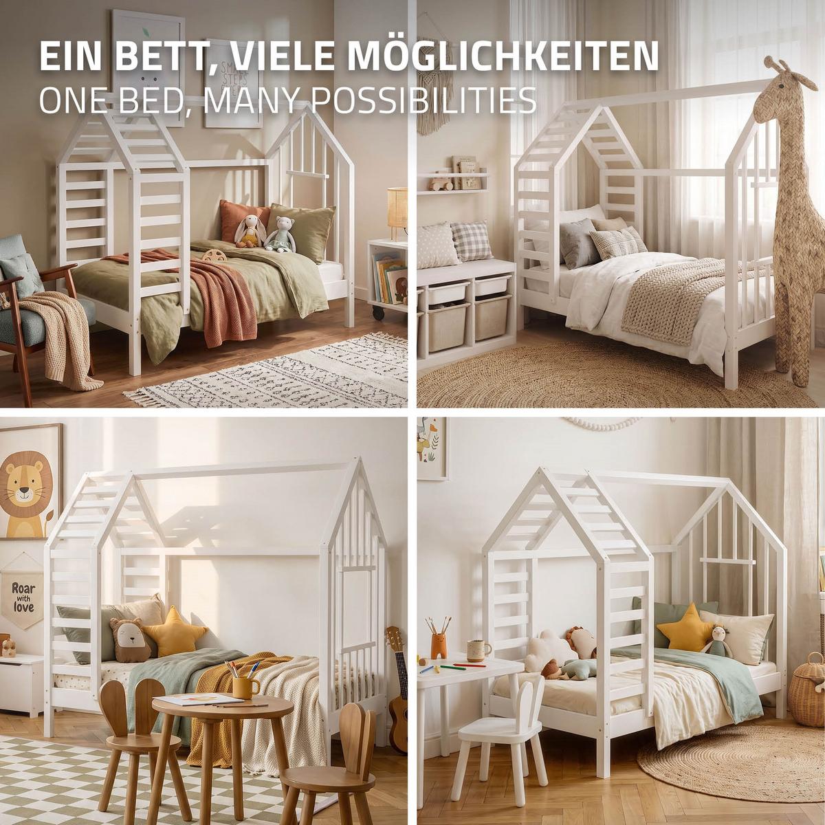 KINDERBETT 70x140 cm mit Lattenrost Dach und Fenster Hausbett aus massivem Kiefernholz Weiß - Weiß, Holz (70/140cm) - ML-DESIGN