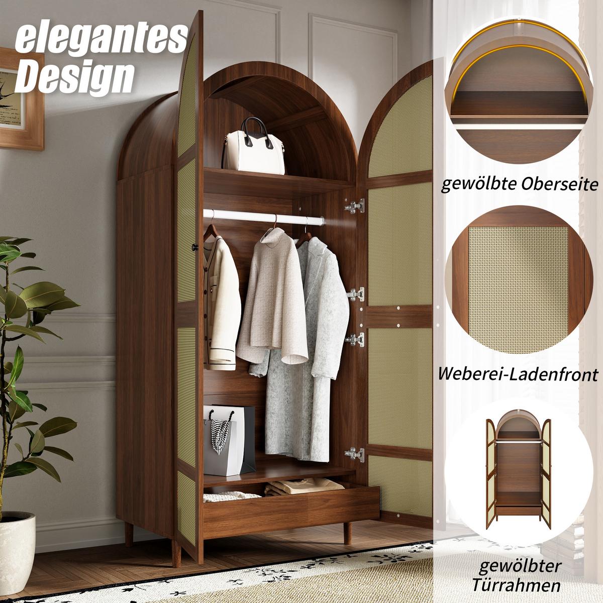 KLEIDERSCHRANK Nussbaum Rattan Gebogene Türen Kleiderstange & Schublade - Walnussfarben, Holzwerkstoff (80/179/50cm) - Urban Meuble