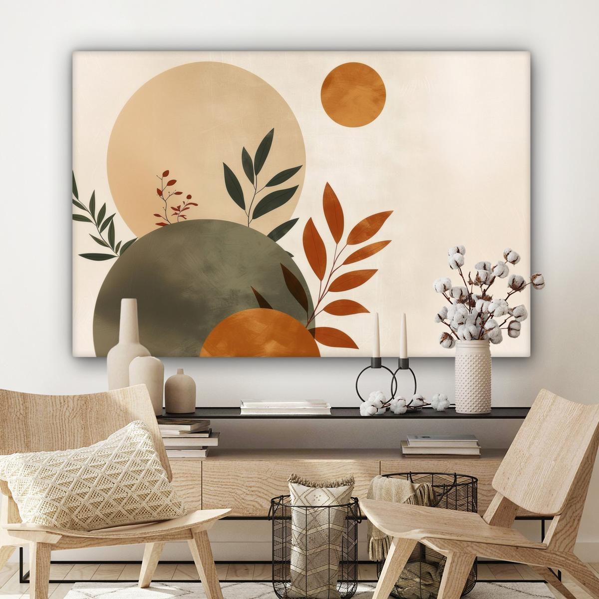 LEINWANDBILD Formen - Rund - Blätter - Beige Groß 140x90 cm - Rostfarben, Textil (140/90cm) - MuchoWow