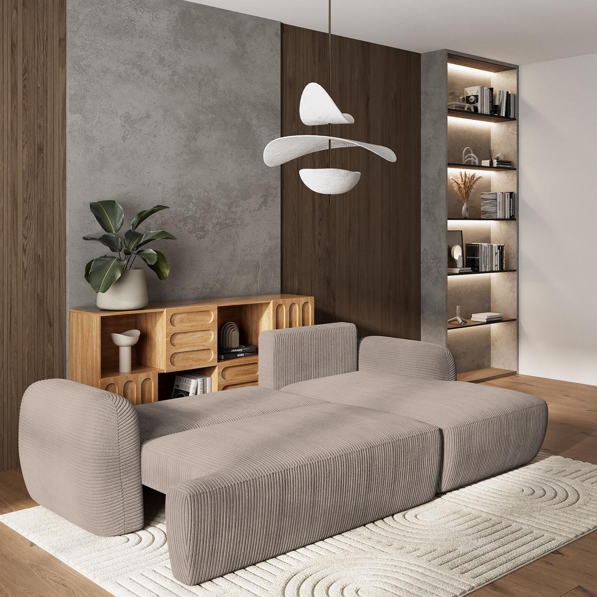 ECKSOFA MODENZA P R-S Beige Kordstoff mit Schlaffunktion - Beige/Schwarz, Holz/Kunststoff (266/148cm) - MASSENO