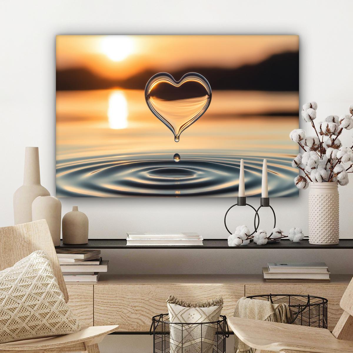 LEINWANDBILD Herz - Wasser - Sonnenuntergang - Natur - Zen Gemälde 60x40 cm - Bernsteinfarben, Textil (60/40cm) - MuchoWow
