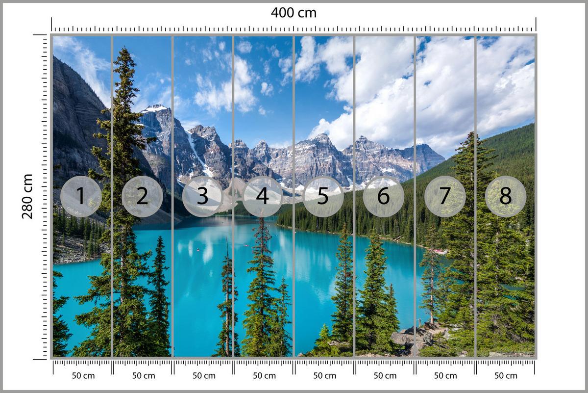 FOTOTAPETE See Berge Wald Landschaft 3D 400x280 - Türkis/Blau, Papier (400/280cm) - Muralo