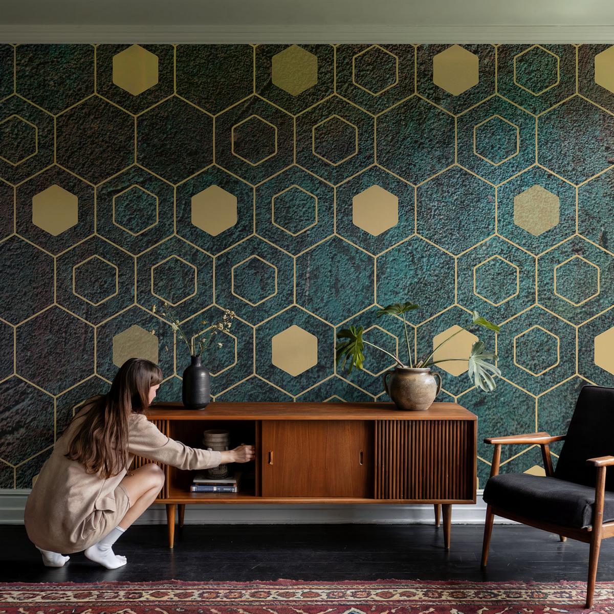 FOTOTAPETE 416x254 cm - Geometrische Sechsecke - Grün, Textil (416/254cm) - Wallfluent