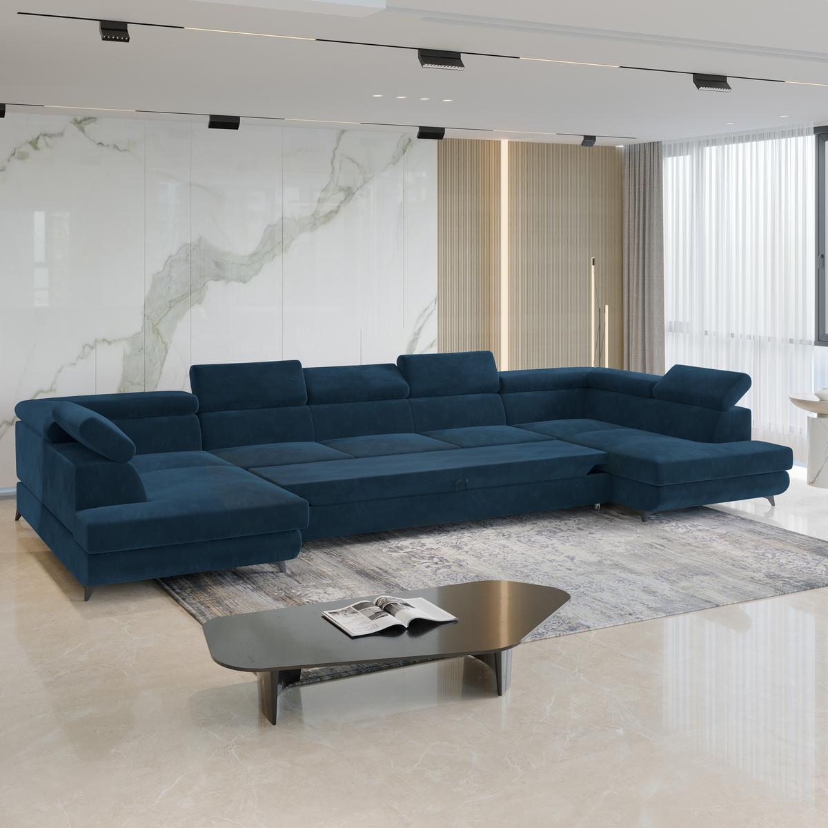 WOHNLANDSCHAFT URMANO Blau Velours-Stoff mit Schlaffunktion - Blau, Holz (395/89/190cm) - MASSENO