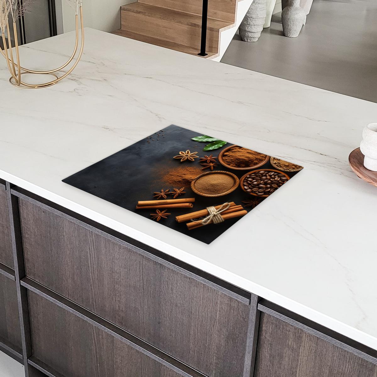 HERDABDECKPLATTE Zimt - Beton - Kaffee - Zimtstangen - Gewürze Abdeckung Ceranfeld 57.6x51.6 cm - Mokka, Kunststoff (57.6/51.6/0.2cm) - MuchoWow