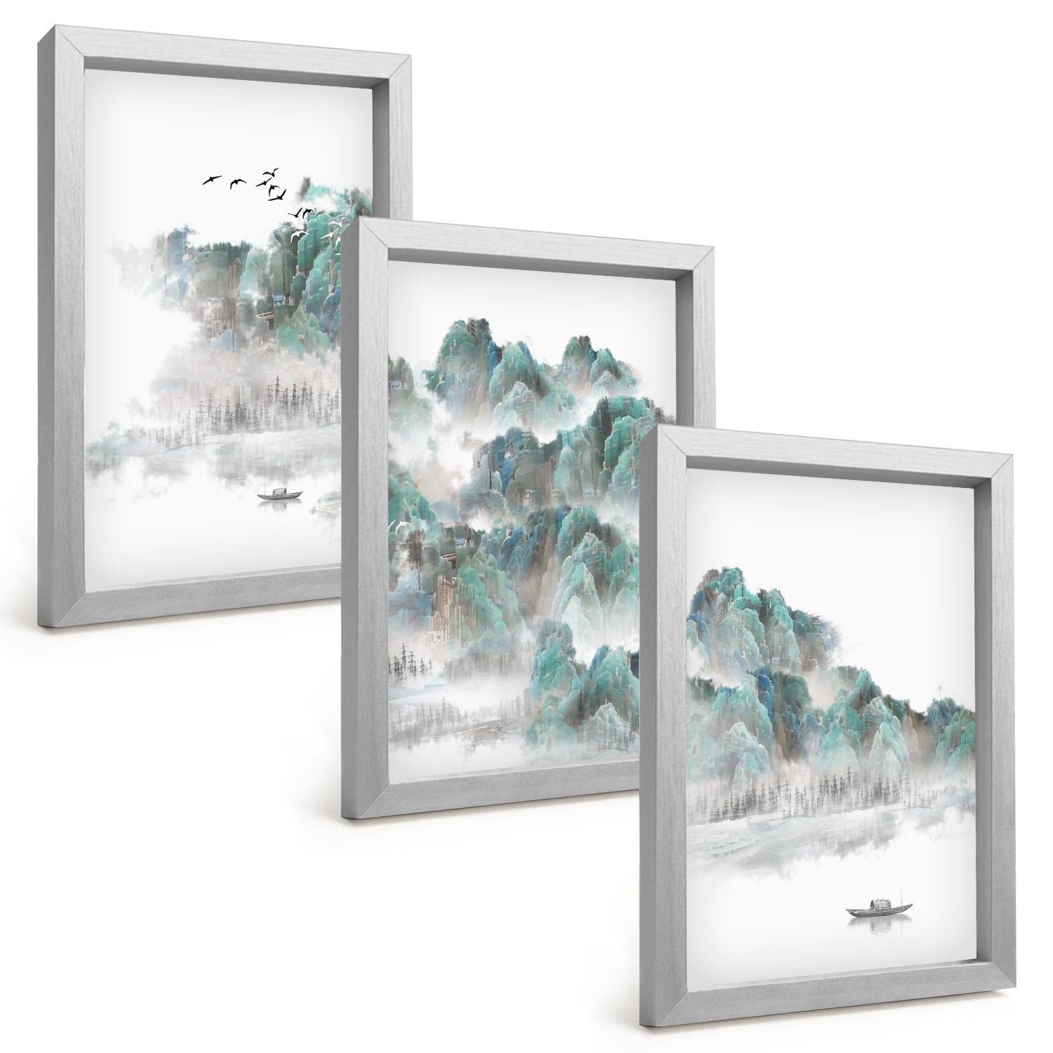 BILDER SET 3er Set - 20x30 cm Silberner Rahmen - Berge, Wolken, Vögel, Boot, Japandi - Silberfarben, Kunststoff (20/30cm) - TULUP