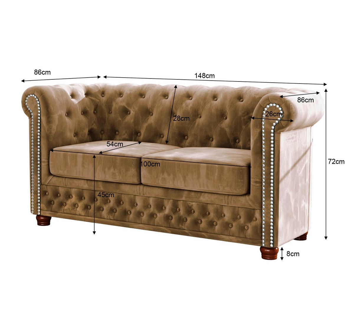 CHESTERFIELD-SOFA 2-sitzer Lauren Beige Samt - Beige/Braun, Holz/Textil (148/72/86cm) - S-Style Möbel