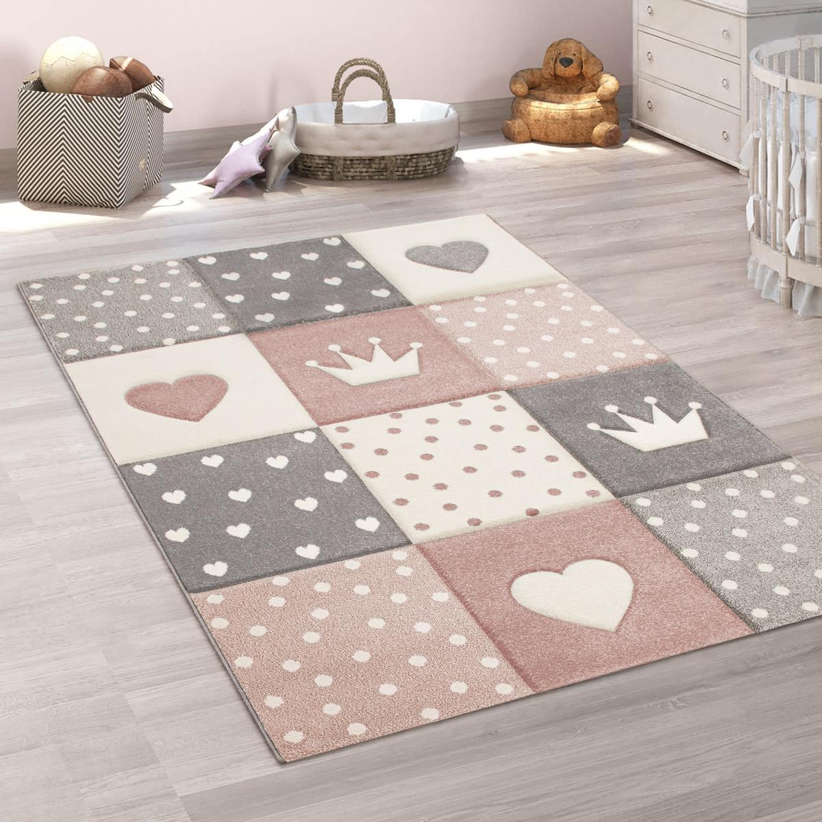 KINDERTEPPICH, mit Herz-Kronen-Patchwork, Rosa, 120 x 170 cm - Rosa, Textil (170/120cm) - KADIMA DESIGN