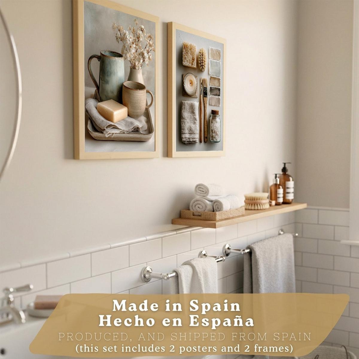 POSTER 2er-Set dekorative Badezimmer-Wandbilder und für Waschbecken, Dusche, WC mit Seifen, Tassen, Blumen künstlerischer Leichter Holzrahmen A3 - Beige, Papier (42/29.7/3cm) - Nacnic