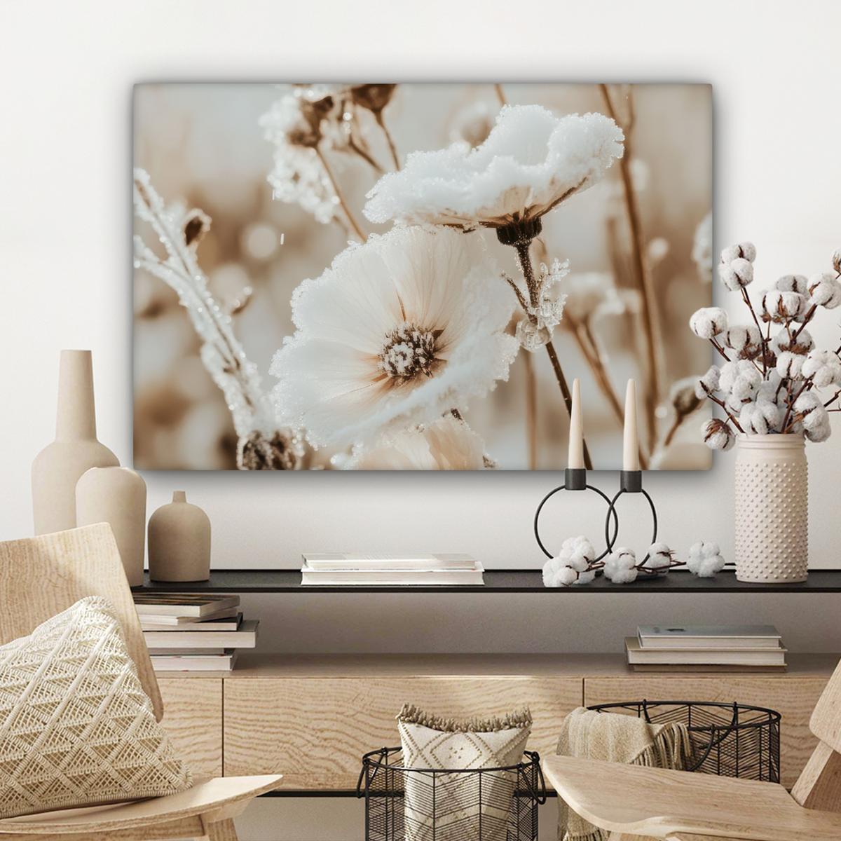 LEINWANDBILD Blumen - Winter - Weiß - Schnee - Beige Gemälde 60x40 cm - Creme, Textil (60/40cm) - MuchoWow