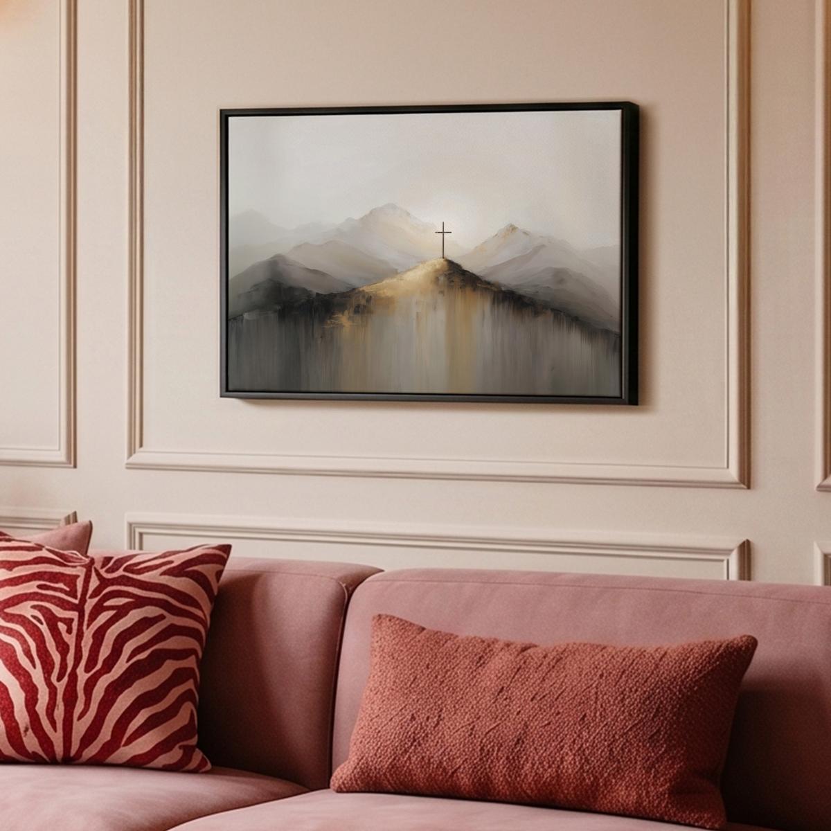 LEINWAND Bilder mit Rahmen - Hügel - Abstrakt - Kreuz - Christentum - 60x40 - Beige, Textil (60/40cm) - MuchoWow